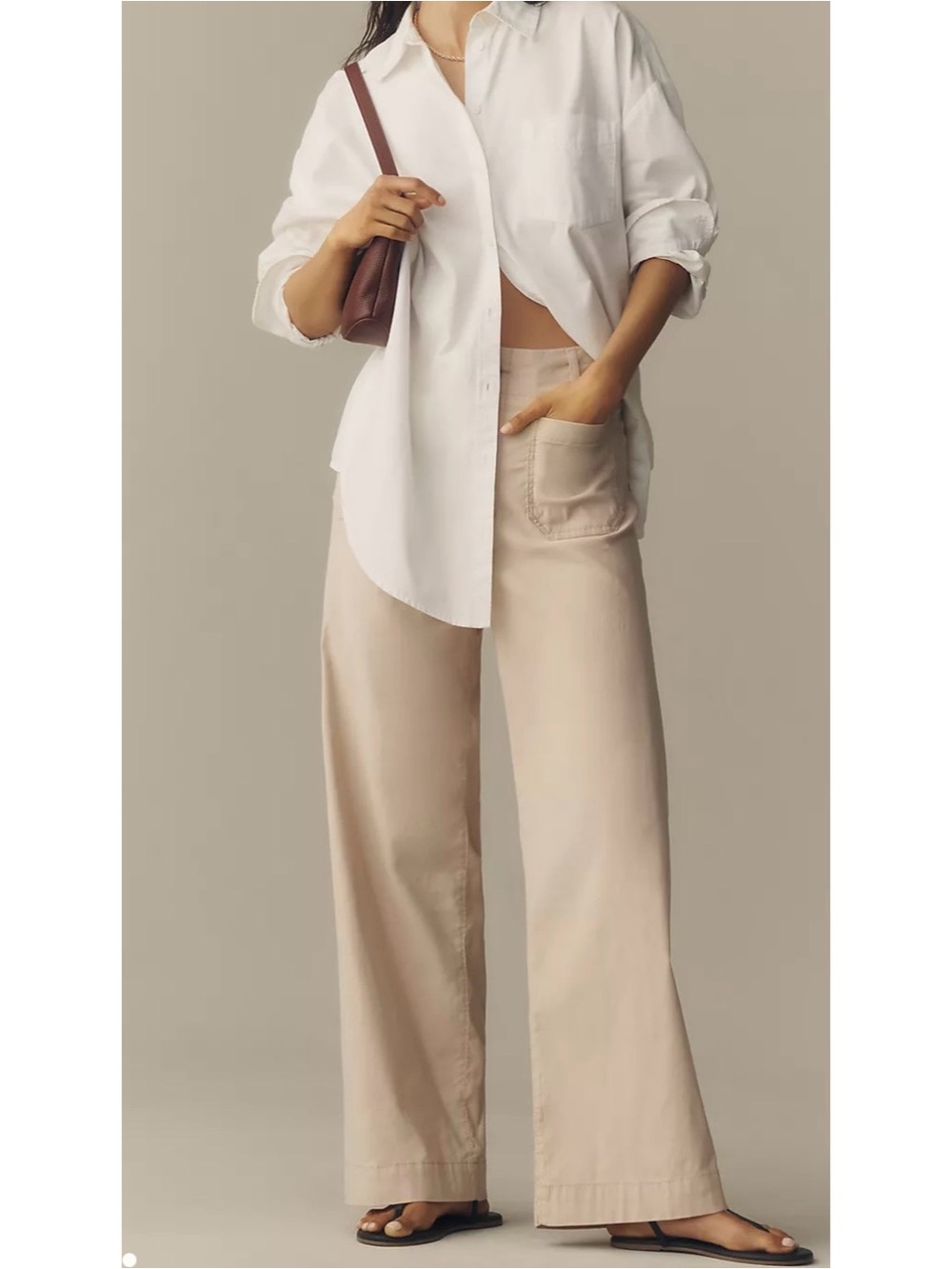Wide-Leg High-Rise Pants in Light Beige